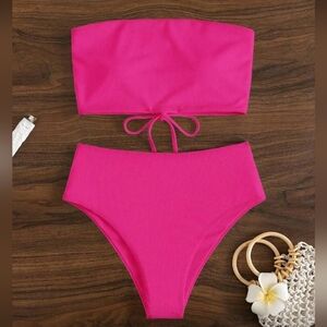 NWOT: Pink, Ribbed, Lace-up Bandeau, Bikini Set